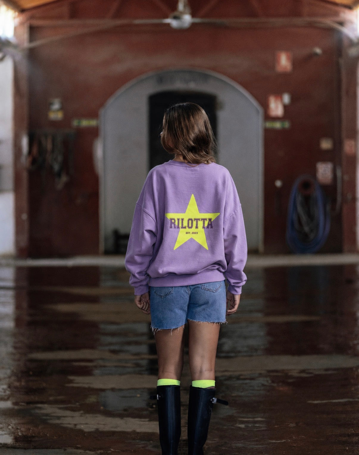SUDADERA STAR GLITTER MALVA CON AMARILLO FLUOR