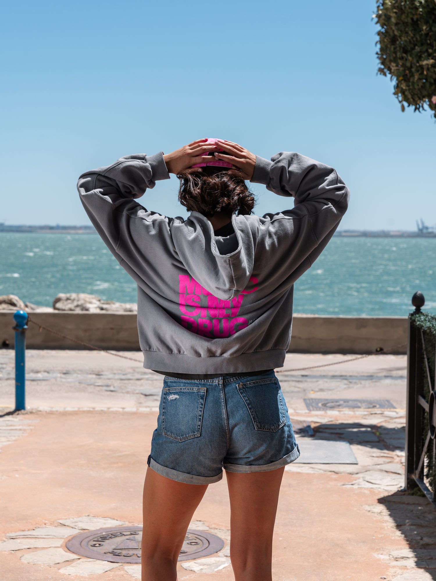 HOODIE ZIPPER MUSIC GRIS ROSA FLUOR