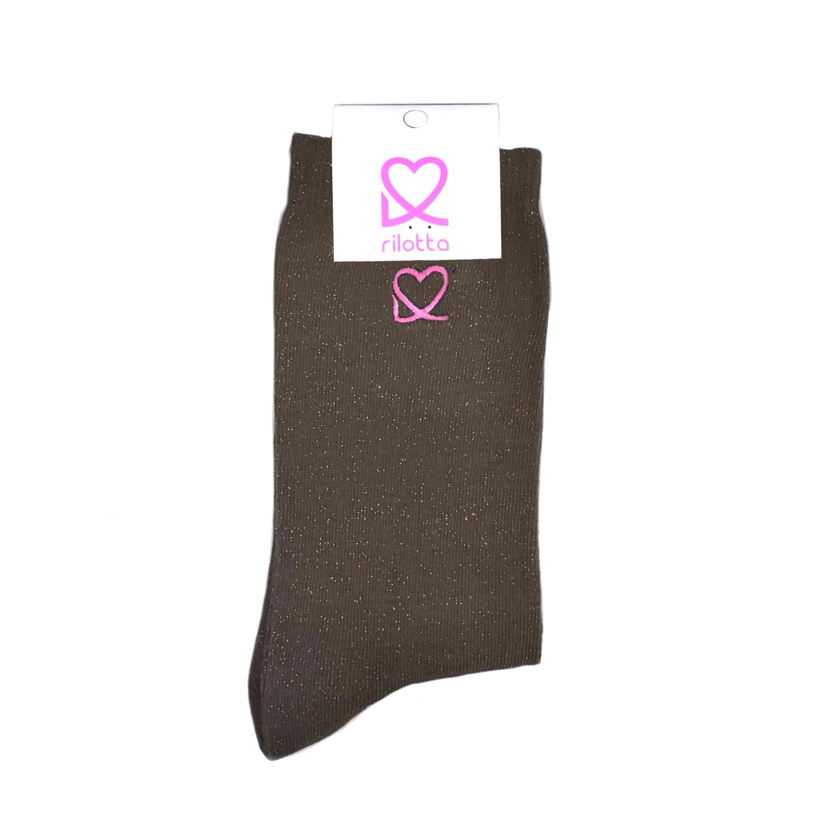 CALCETIN BRILLO MARRON CORAZÓN ROSA FLUOR